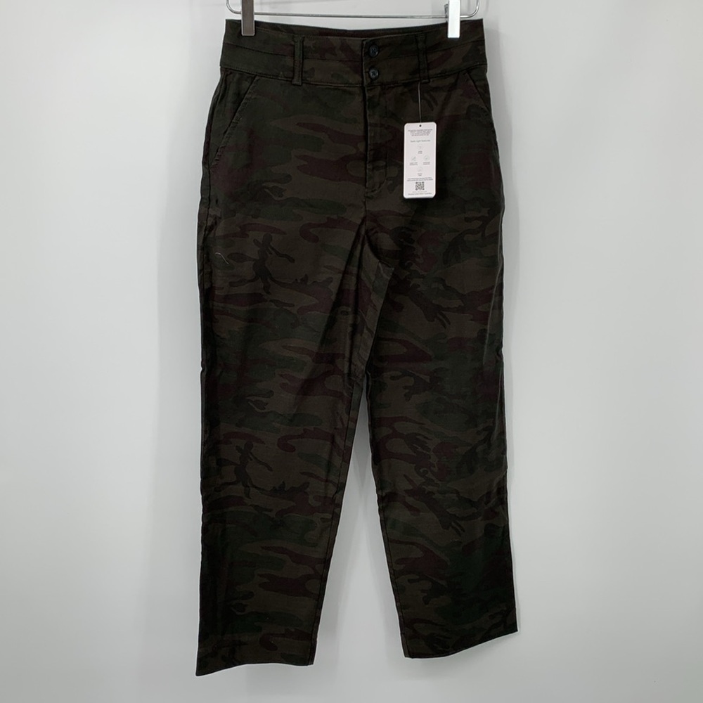 Evereve cropped camo pants high rise straight wide leg green midnight new 25